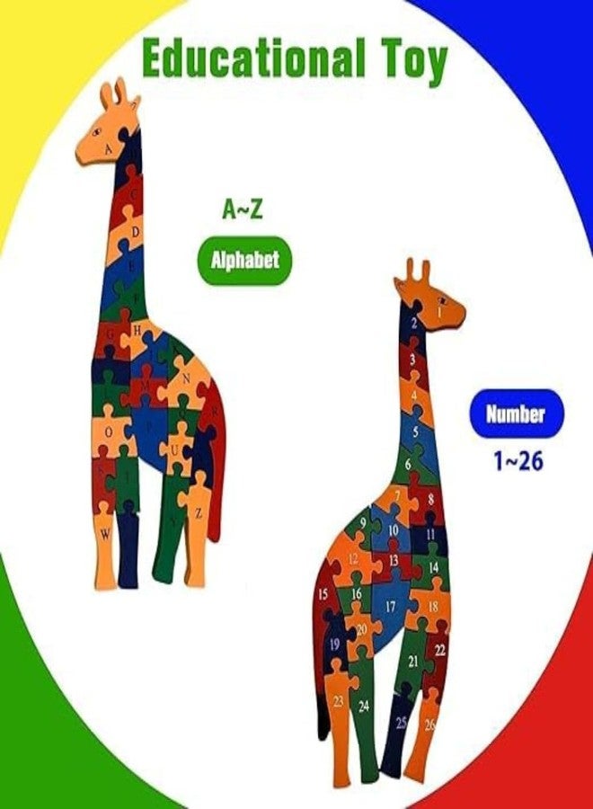 SubiMouIQ Animal Shaped Wooden Jigsaw Puzzles - Alphabet & Numbers Learning Toy for Kids || Educational Puzzle for Toddlers, Early Learning Activity || Educational Gift (Giraffe) - Image 2